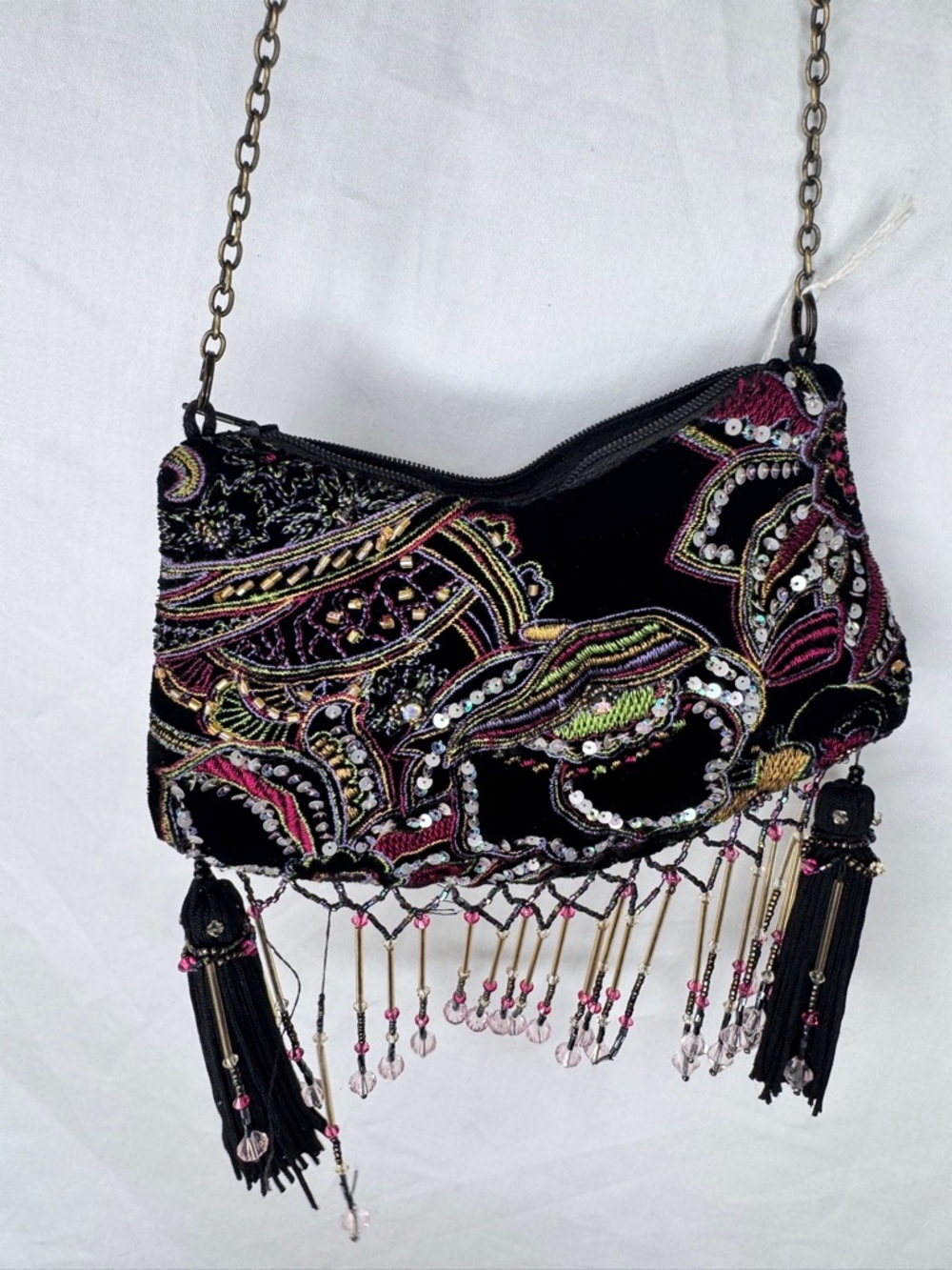 Mary Frances Embellished Black Multi Colored Beaded Tassel Shoulder Bag